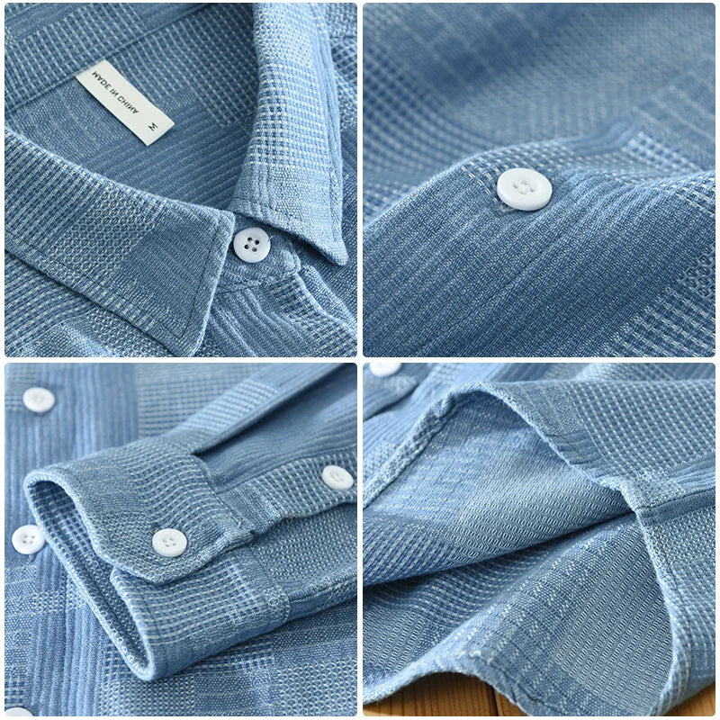Men's Vintage Patch Shirt - Pure Cotton Long Sleeve Turn-down Collar