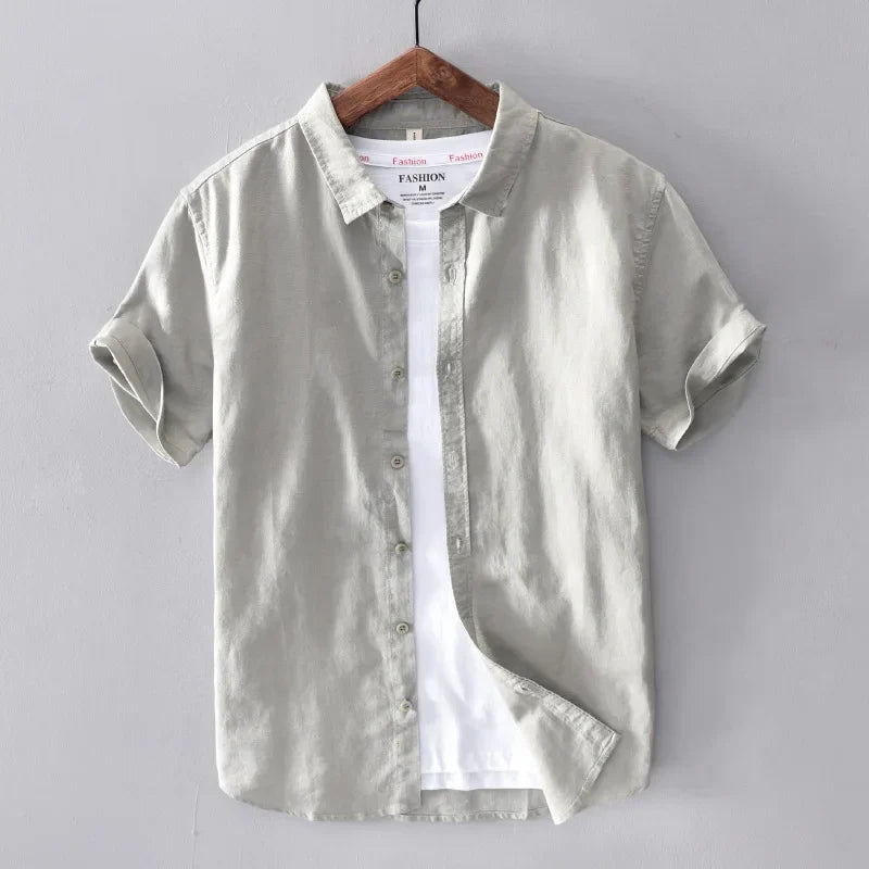 Men's Cotton Linen Short Sleeve Shirt - Yellow Turn-down Collar Summer Top