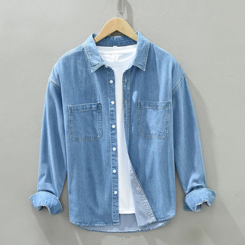 Men's Long Sleeve Denim Shirt - Pure Cotton Casual Stripes Button-Up