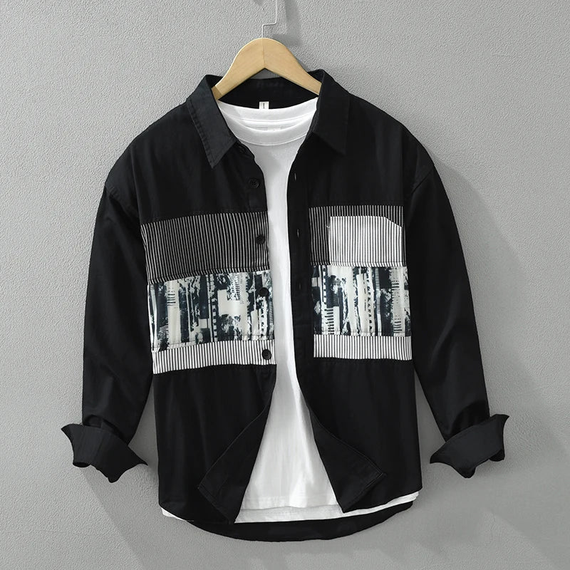 Men's Fashion Print Patchwork Long Sleeve Shirt - Loose Cotton Casual Shirt