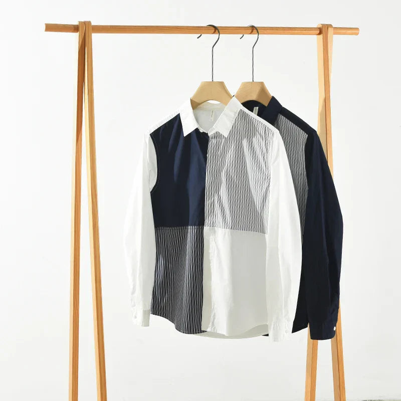 Men's Fashion Patchwork Long Sleeve Shirt - Loose Cotton Casual Shirt