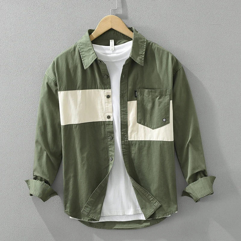 Men's Casual Patchwork Long Sleeve Shirt - Cotton Turn-down Collar Vintage Shirt