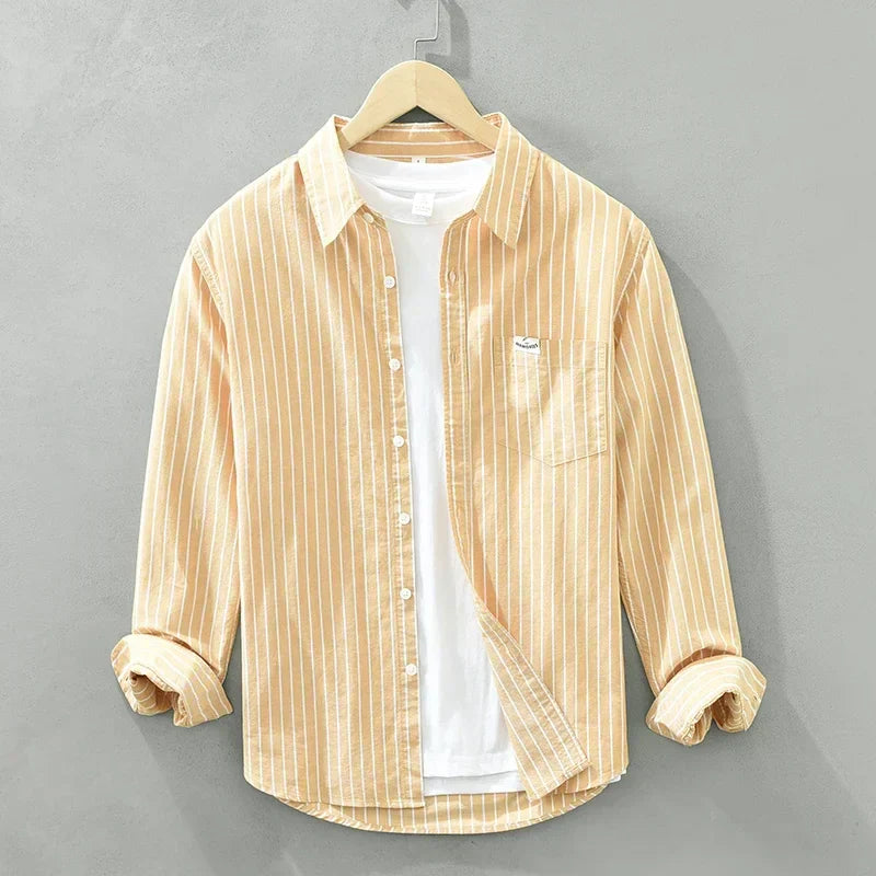 Men's Green Striped Cotton Long Sleeve Shirt - Loose Fit Oxford Shirt