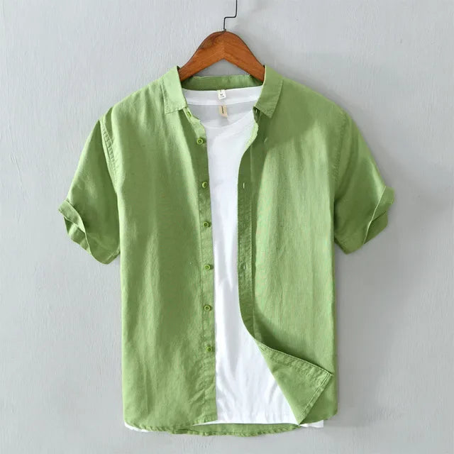 Men's Cotton Linen Short Sleeve Shirt - Yellow Turn-down Collar Summer Top