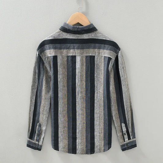Men's 100% Linen Striped Long Sleeve Shirt - Turn-down Collar Spring Dress Shirt