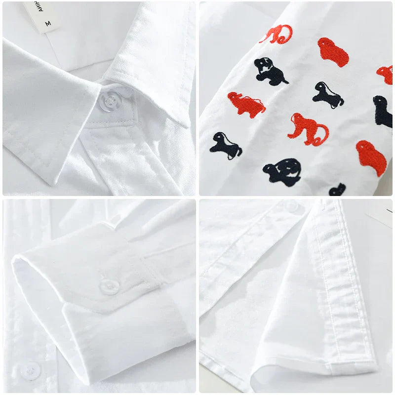 Men's Fashion White Long Sleeve Shirt - Loose Embroidery Cotton Casual Shirt