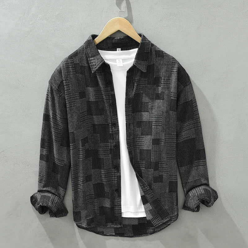 Men's Vintage Patch Shirt - Pure Cotton Long Sleeve Turn-down Collar