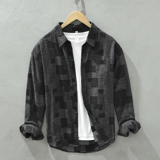 Men's Vintage Patch Shirt - Pure Cotton Long Sleeve Turn-down Collar