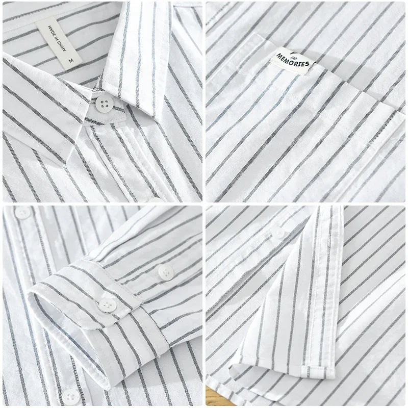 Men's Green Striped Cotton Long Sleeve Shirt - Loose Fit Oxford Shirt
