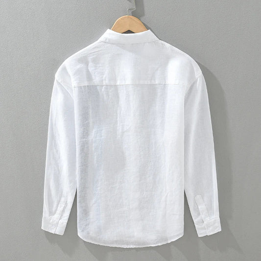 Men's 100% Linen Long Sleeve Shirt - Loose Fit Striped Patchwork Shirt