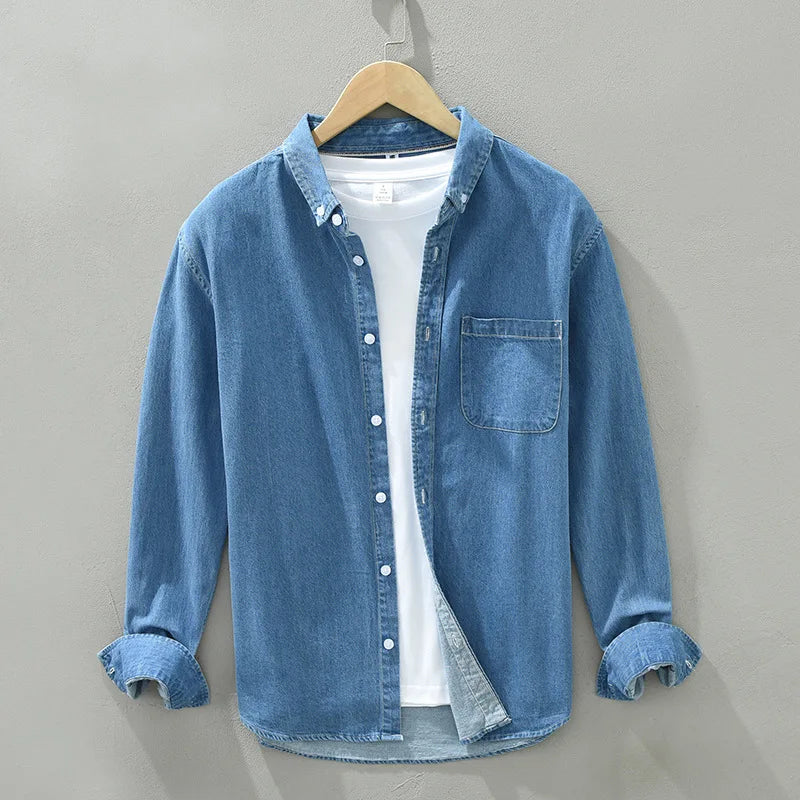 Men's Long Sleeve Denim Shirt - Pure Cotton Casual Stripes Button-Up