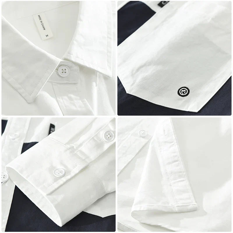 Men's Casual Patchwork Long Sleeve Shirt - Cotton Turn-down Collar Vintage Shirt