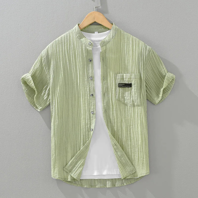 Men's Lyocell Stand Collar Short Sleeve Shirt - Plus Size Casual Loose Fit