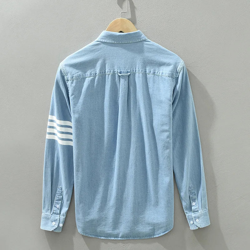 Men's Long Sleeve Denim Shirt - Pure Cotton Casual Stripes Button-Up