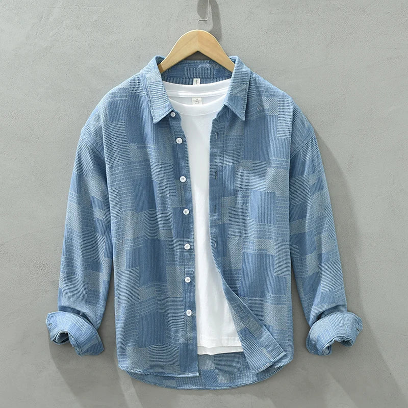 Men's Vintage Patch Shirt - Pure Cotton Long Sleeve Turn-down Collar