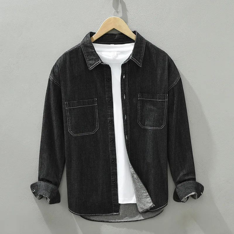 Men's Long Sleeve Denim Shirt - Pure Cotton Casual Stripes Button-Up