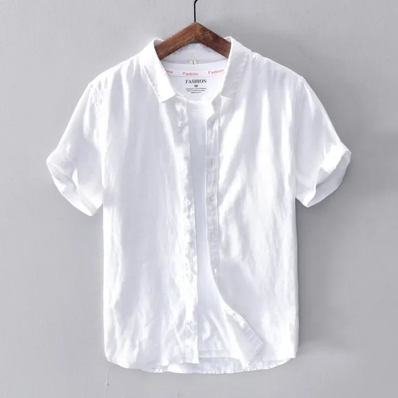 Men's Cotton Linen Short Sleeve Shirt - Yellow Turn-down Collar Summer Top