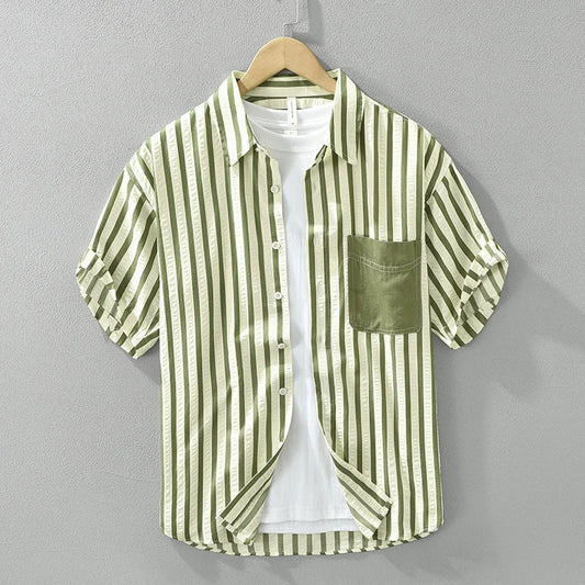 Men's Striped Short Sleeve Shirt - Cotton Casual Summer Shirt