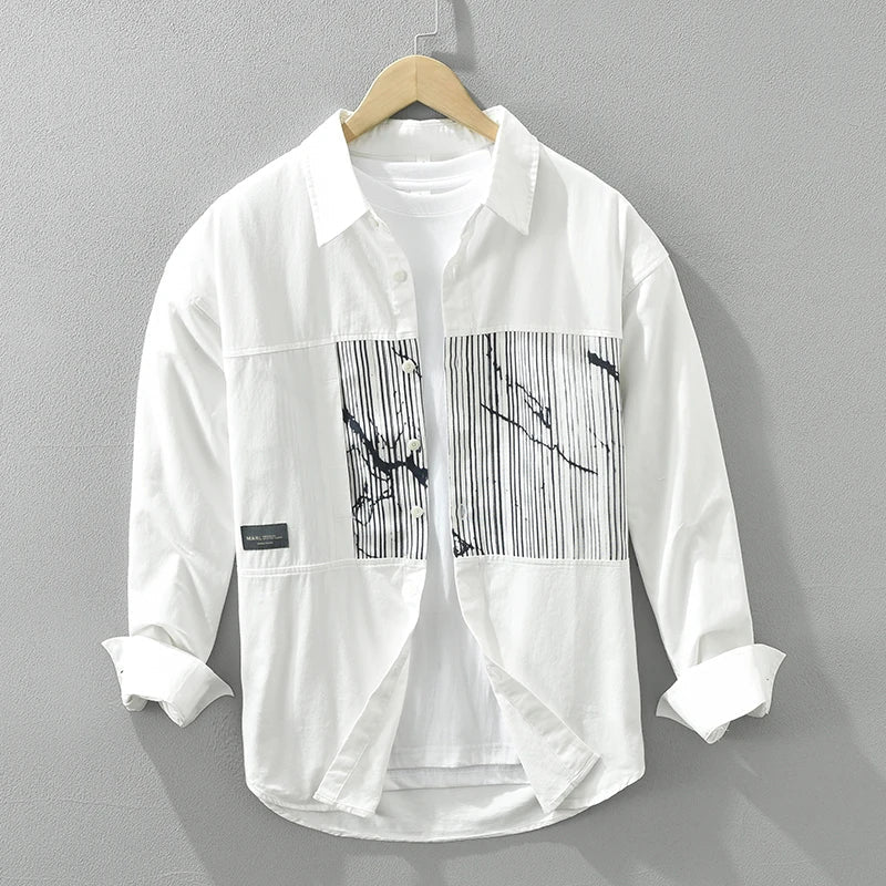 Men's Striped Patchwork Long Sleeve Shirt - Loose Casual Shirt