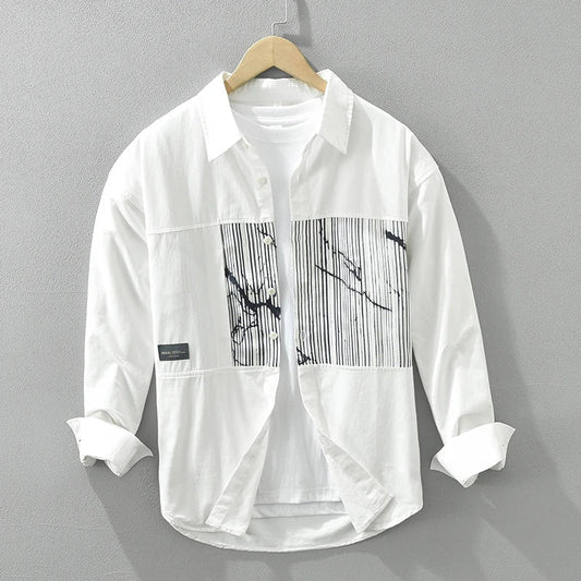 Men's Striped Patchwork Long Sleeve Shirt - Loose Casual Shirt