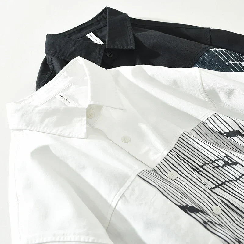 Men's Striped Patchwork Long Sleeve Shirt - Loose Casual Shirt