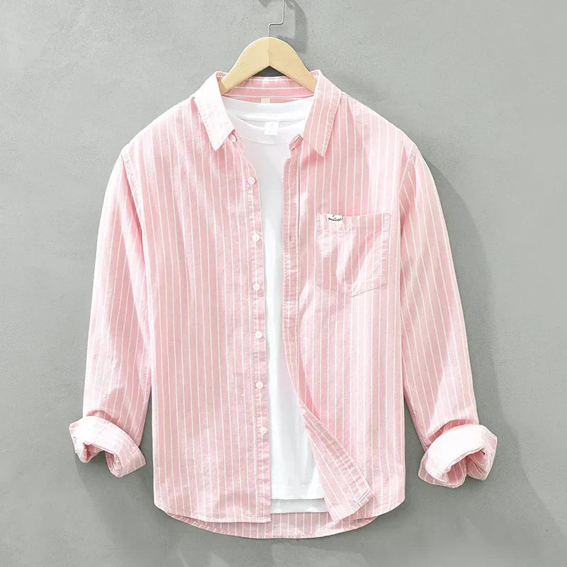 Men's Green Striped Cotton Long Sleeve Shirt - Loose Fit Oxford Shirt
