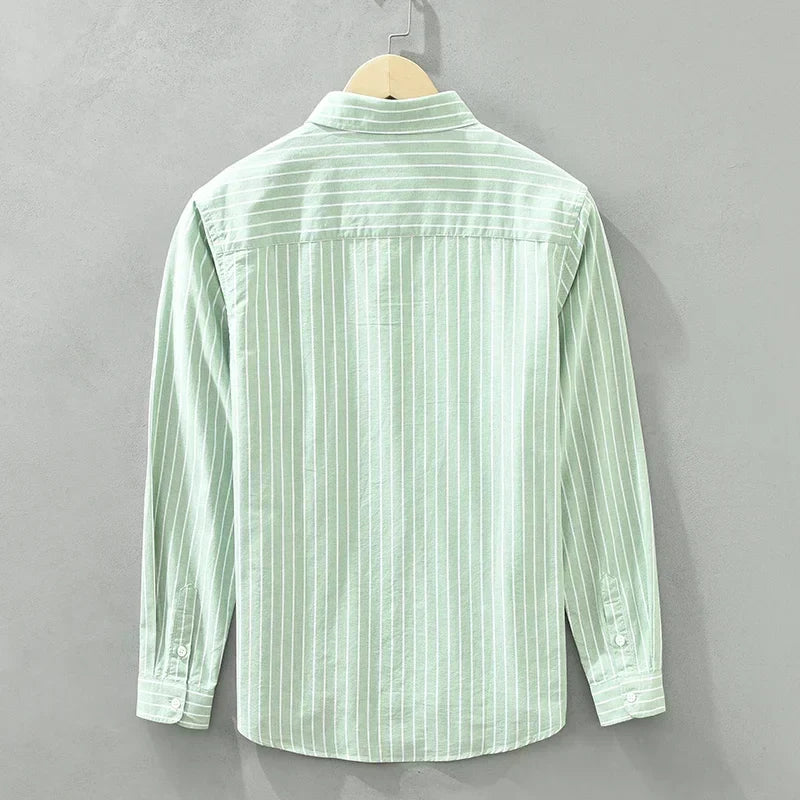 Men's Green Striped Cotton Long Sleeve Shirt - Loose Fit Oxford Shirt