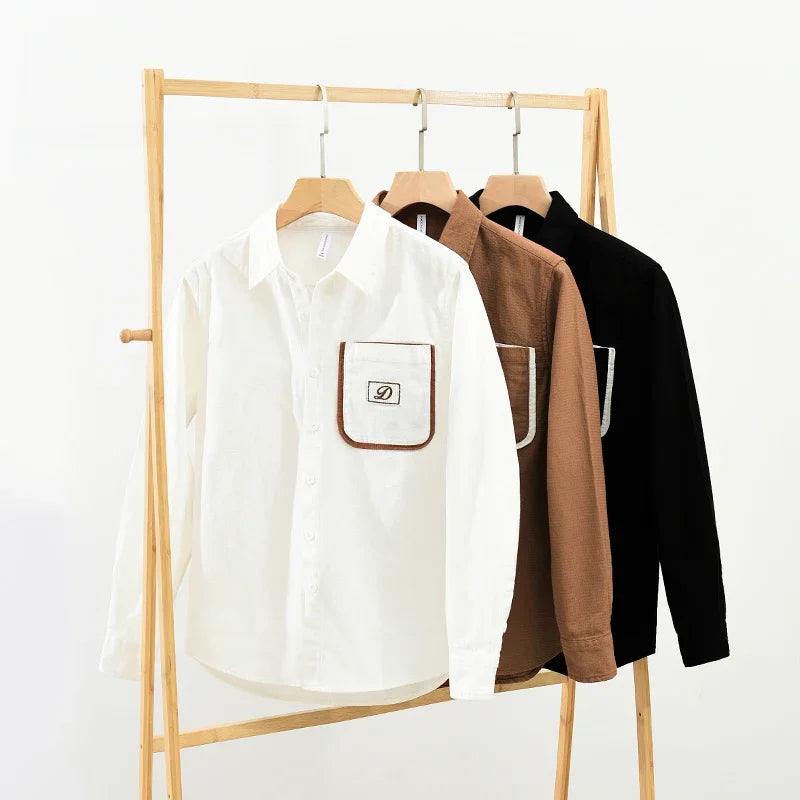 Men's Casual Cotton Long Sleeve Shirt - White Button-up Top