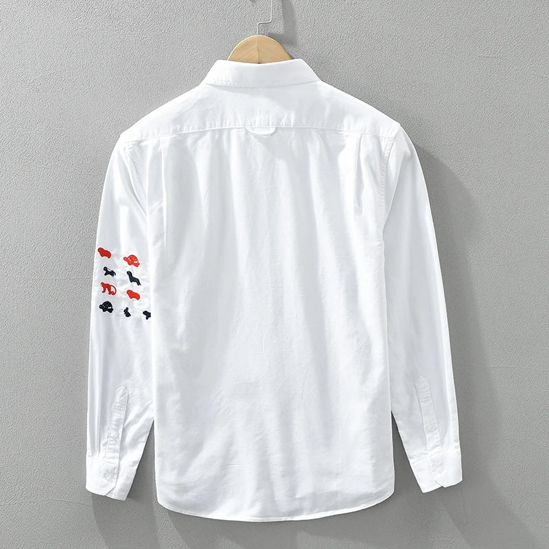 Men's Fashion White Long Sleeve Shirt - Loose Embroidery Cotton Casual Shirt