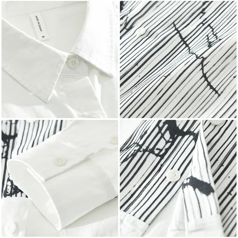 Men's Striped Patchwork Long Sleeve Shirt - Loose Casual Shirt