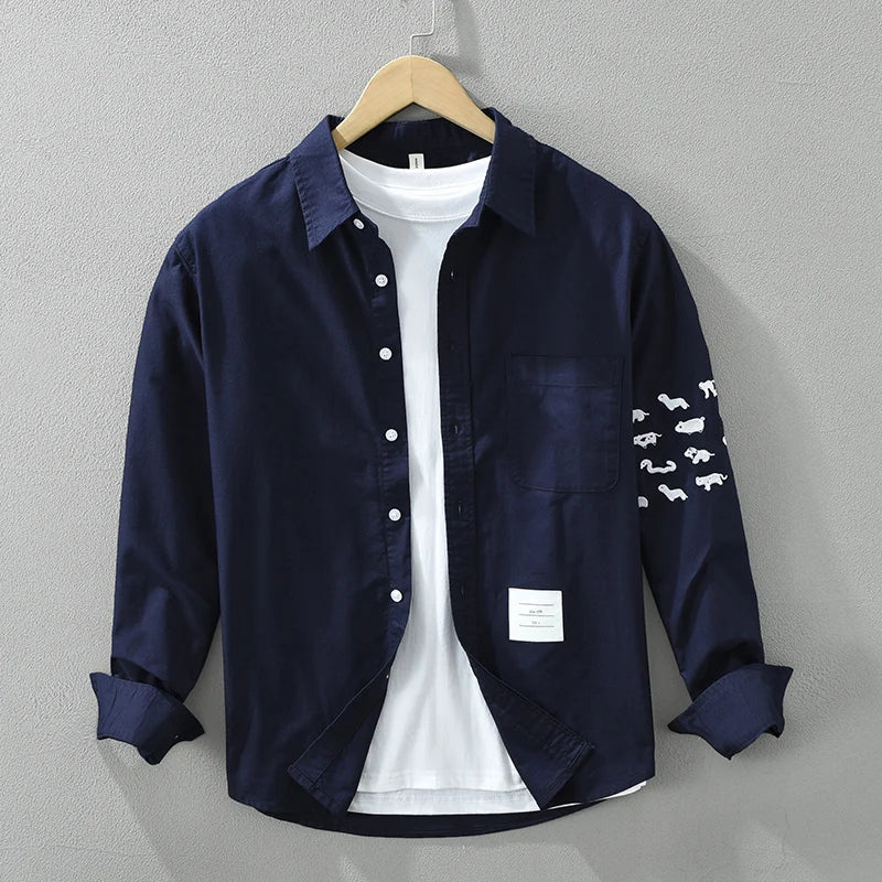 Men's Fashion White Long Sleeve Shirt - Loose Embroidery Cotton Casual Shirt
